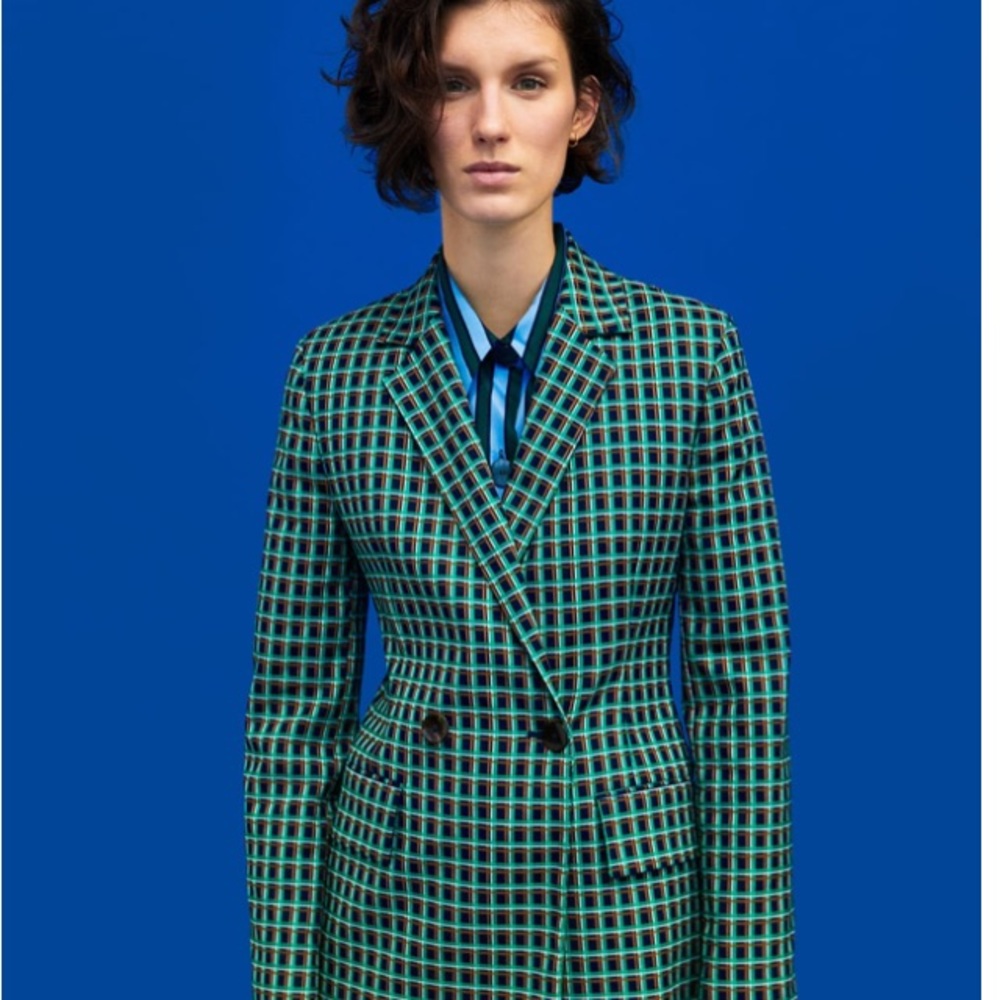 Zara checkered plaid gingham green blazer
